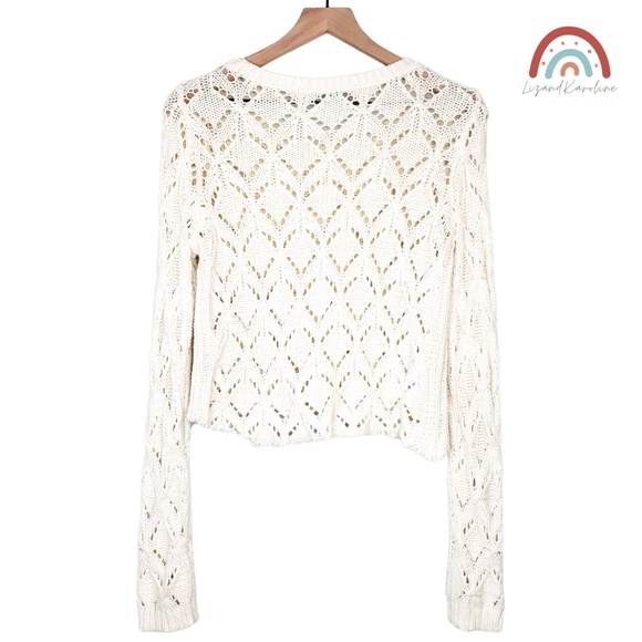 Loft Geo Pointelle Knit Crochet Dristressed Chewed Hem Sweater - Picture 3 of 10